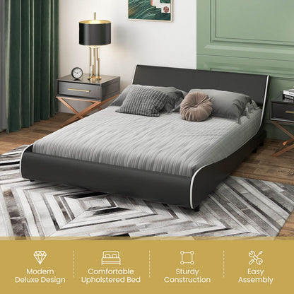 Low Profile Upholstered Faux Leather Platform Bed with Curved Headboard – Queen Size
