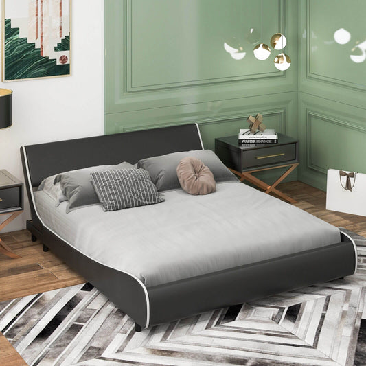 Low Profile Upholstered Faux Leather Platform Bed with Curved Headboard – Queen Size