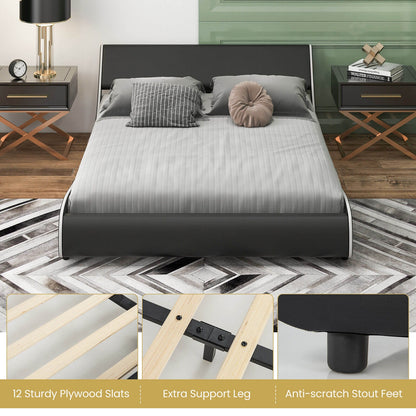 Low Profile Upholstered Faux Leather Platform Bed with Curved Headboard – Queen Size