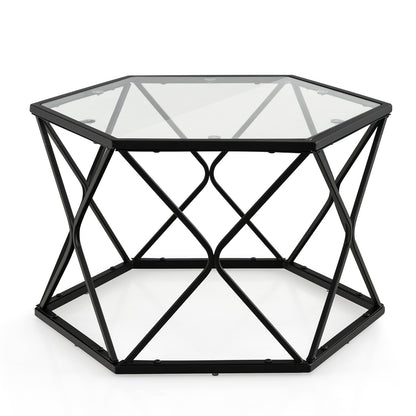 Hexagonal Glass Coffee Table with Black Metal Frame and Lower Storage Shelf