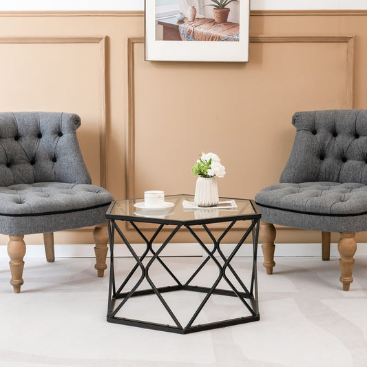 Hexagonal Glass Coffee Table with Black Metal Frame and Lower Storage Shelf