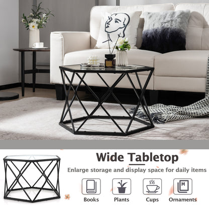 Hexagonal Glass Coffee Table with Black Metal Frame and Lower Storage Shelf