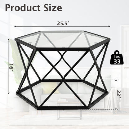Hexagonal Glass Coffee Table with Black Metal Frame and Lower Storage Shelf