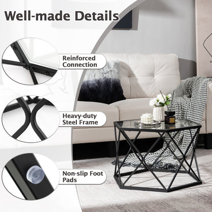 Hexagonal Glass Coffee Table with Black Metal Frame and Lower Storage Shelf