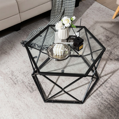 Hexagonal Glass Coffee Table with Black Metal Frame and Lower Storage Shelf