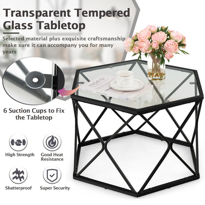 Hexagonal Glass Coffee Table with Black Metal Frame and Lower Storage Shelf