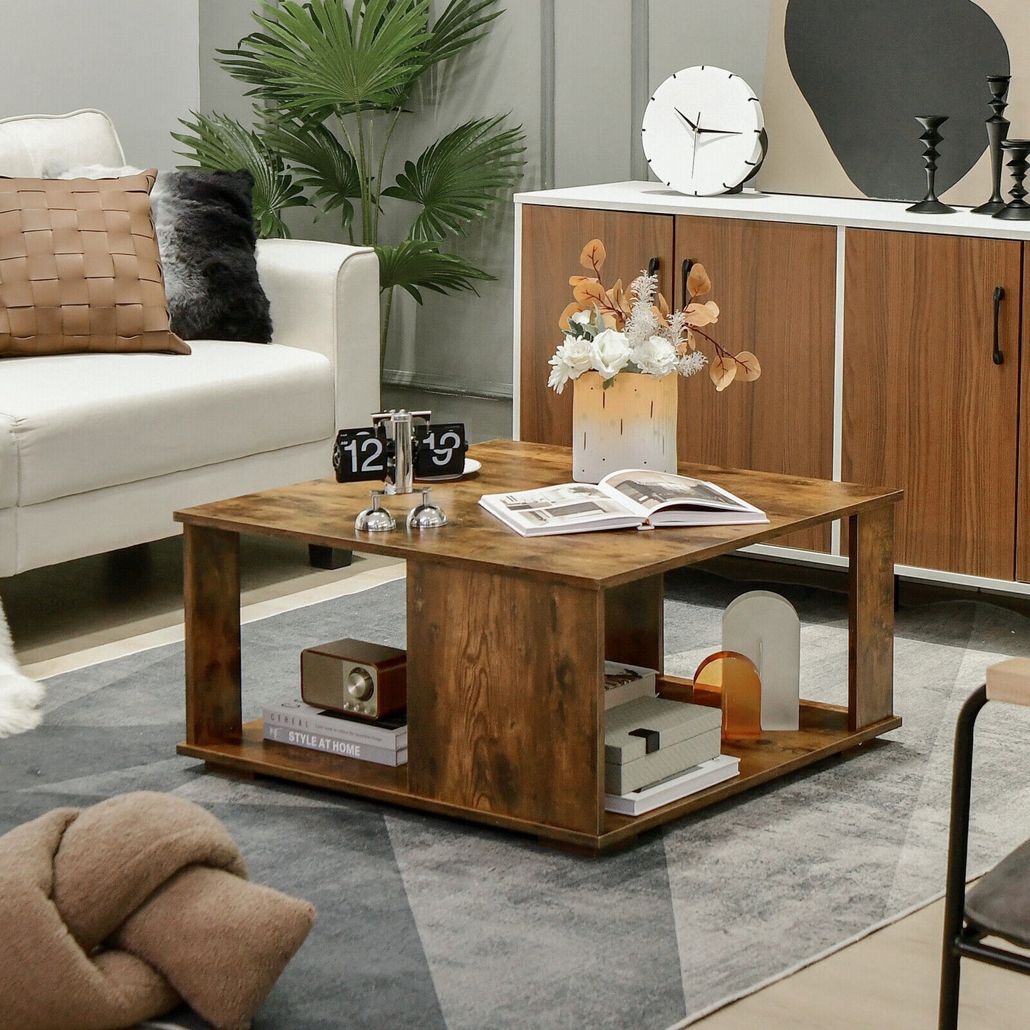 Square 2 Tier Coffee Table with Storage Shelf and Rustic Wood Finish