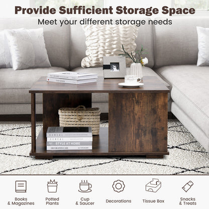 Square 2 Tier Coffee Table with Storage Shelf and Rustic Wood Finish
