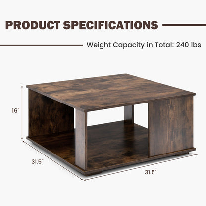 Square 2 Tier Coffee Table with Storage Shelf and Rustic Wood Finish