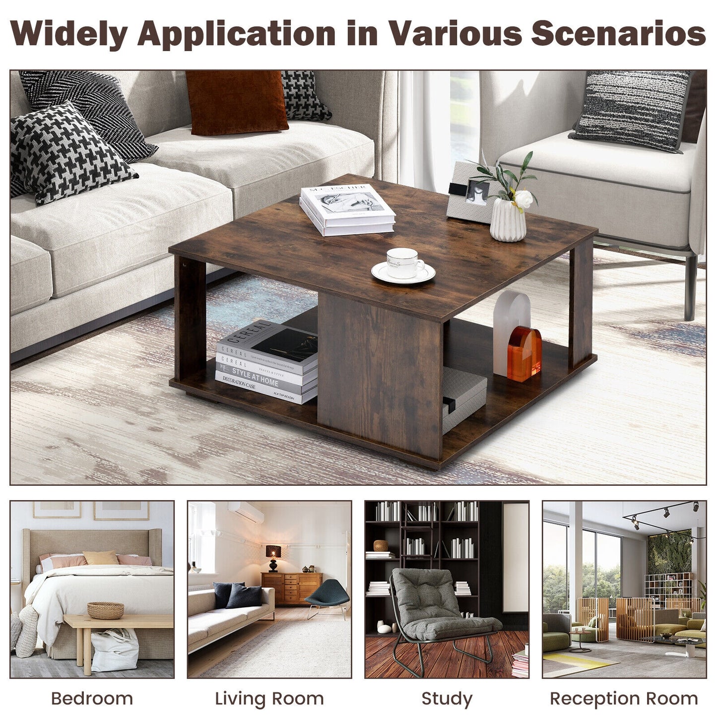 Square 2 Tier Coffee Table with Storage Shelf and Rustic Wood Finish