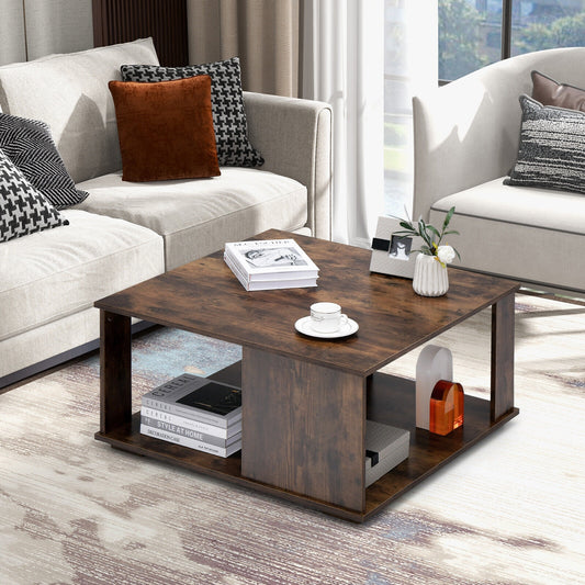 Square 2 Tier Coffee Table with Storage Shelf and Rustic Wood Finish