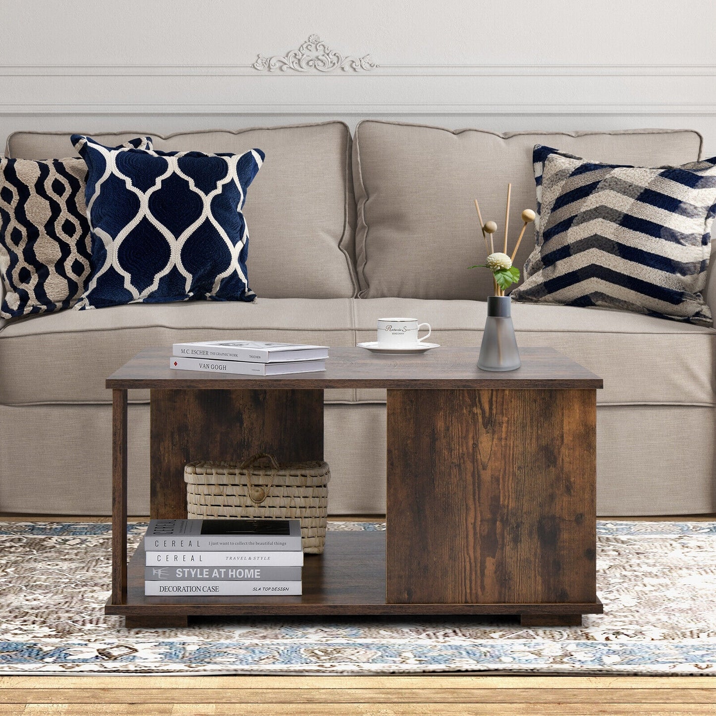 Square 2 Tier Coffee Table with Storage Shelf and Rustic Wood Finish