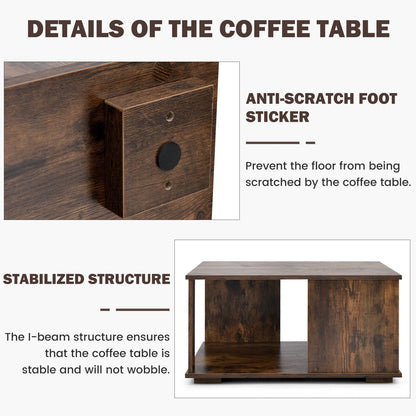 Square 2 Tier Coffee Table with Storage Shelf and Rustic Wood Finish