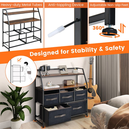 5 Drawer Fabric Dresser with Open Shelves, Rustic Storage Tower for Bedroom or Living Room – Black & Brown