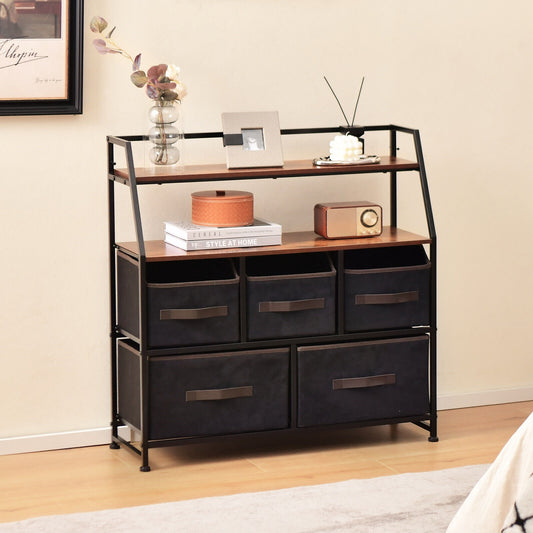5 Drawer Fabric Dresser with Open Shelves, Rustic Storage Tower for Bedroom or Living Room – Black & Brown