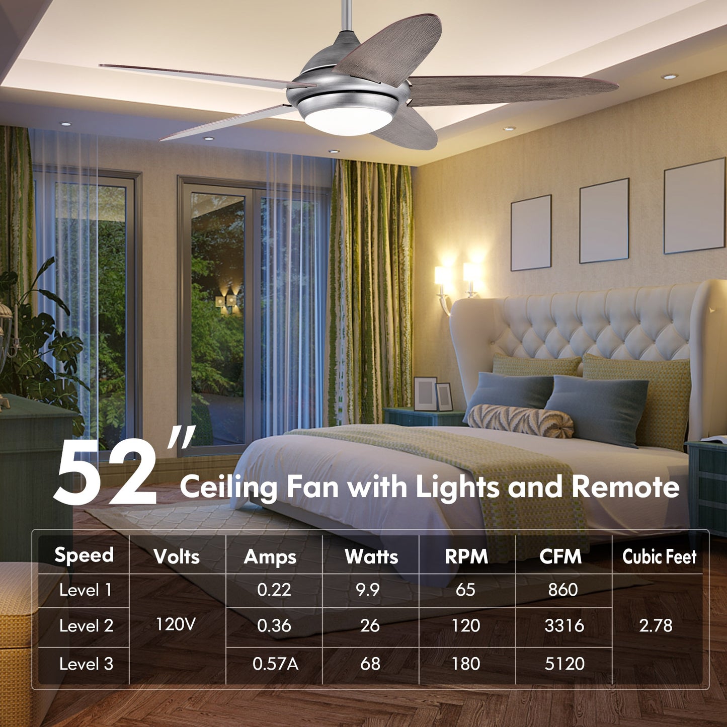 52 Inch Ceiling Fan with LED Light & 3 Adjustable Color Temperatures - Silver