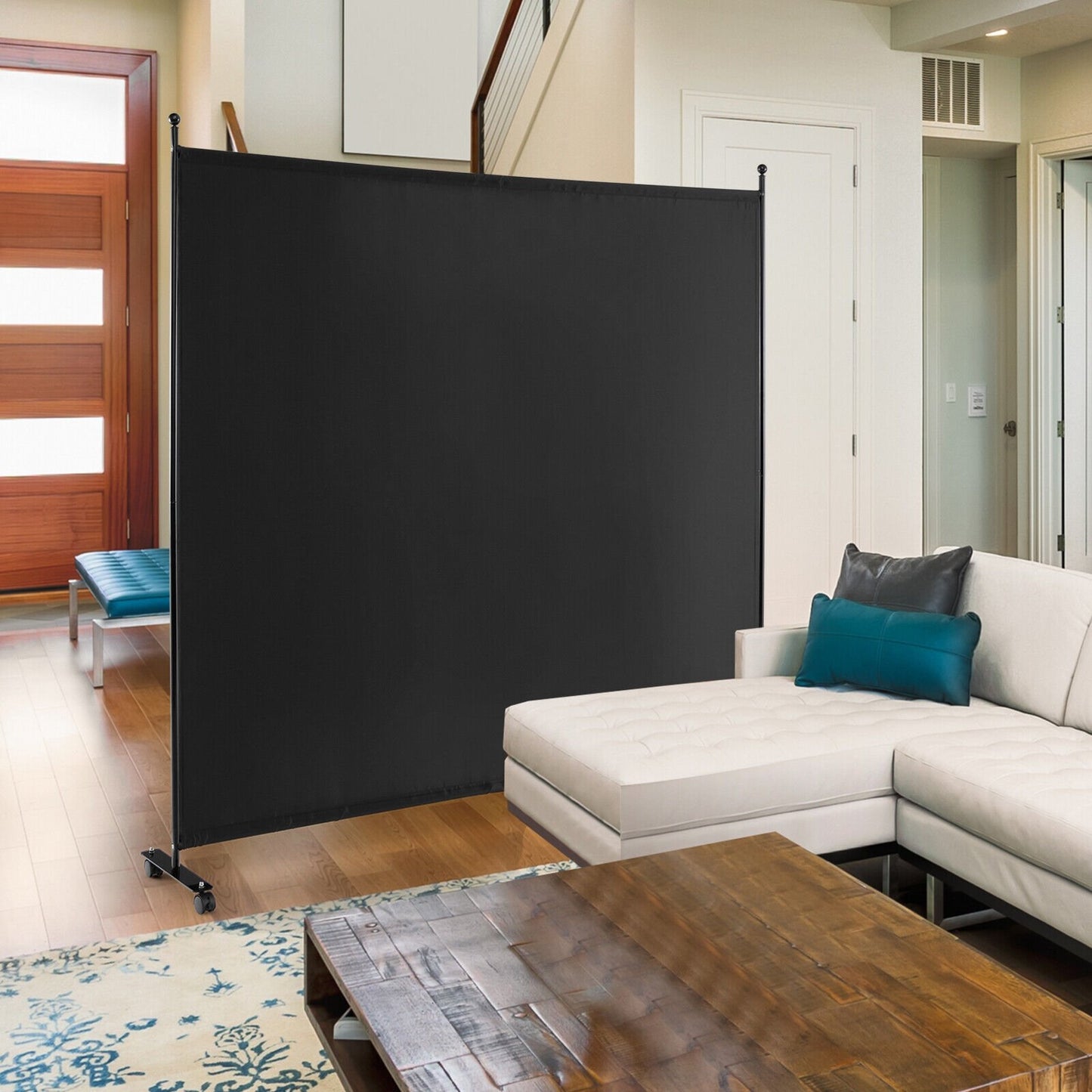 6 Foot Rolling Privacy Screen with Lockable Wheels Single Panel Divider - Black