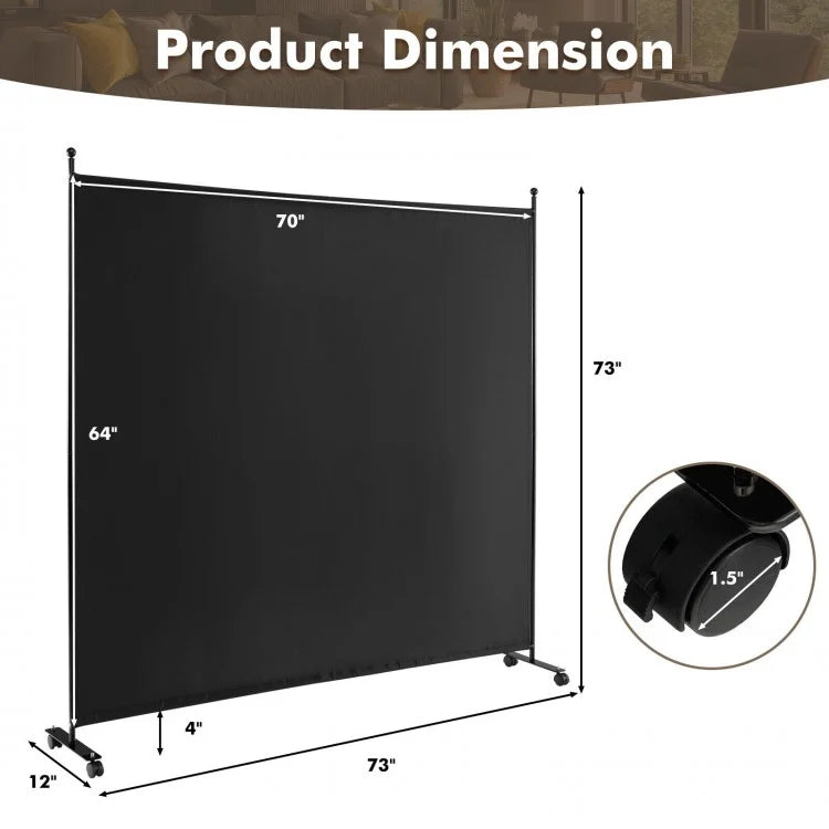 6 Foot Rolling Privacy Screen with Lockable Wheels Single Panel Divider - Dark Grey