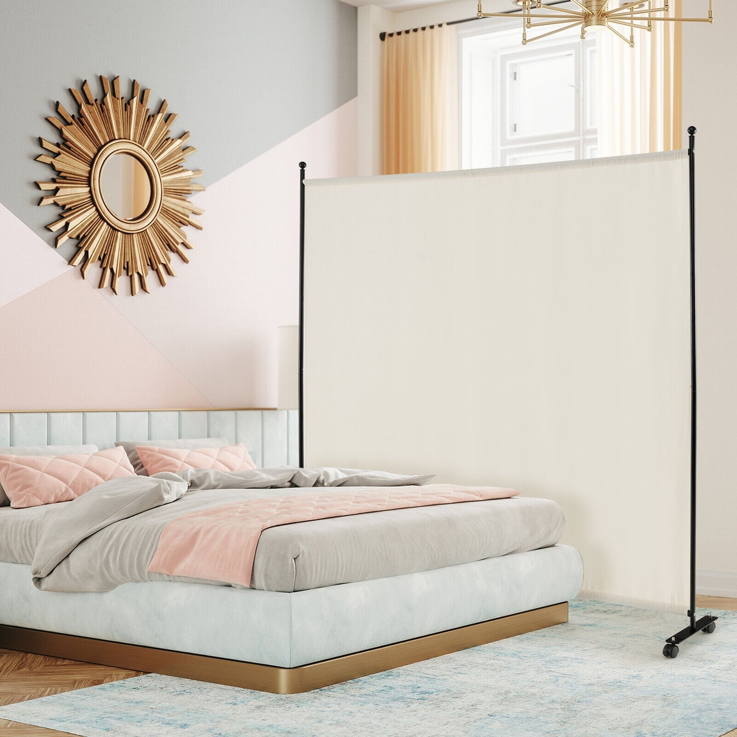6 Foot Rolling Privacy Screen with Lockable Wheels Single Panel Divider - White