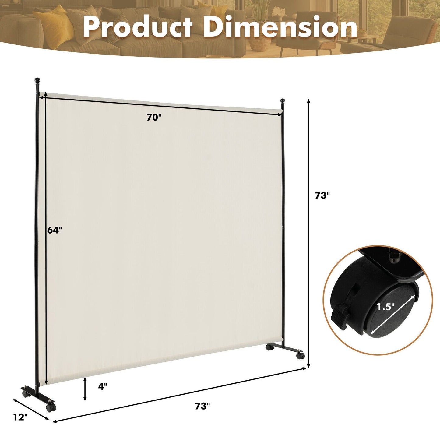 6 Foot Rolling Privacy Screen with Lockable Wheels Single Panel Divider - White