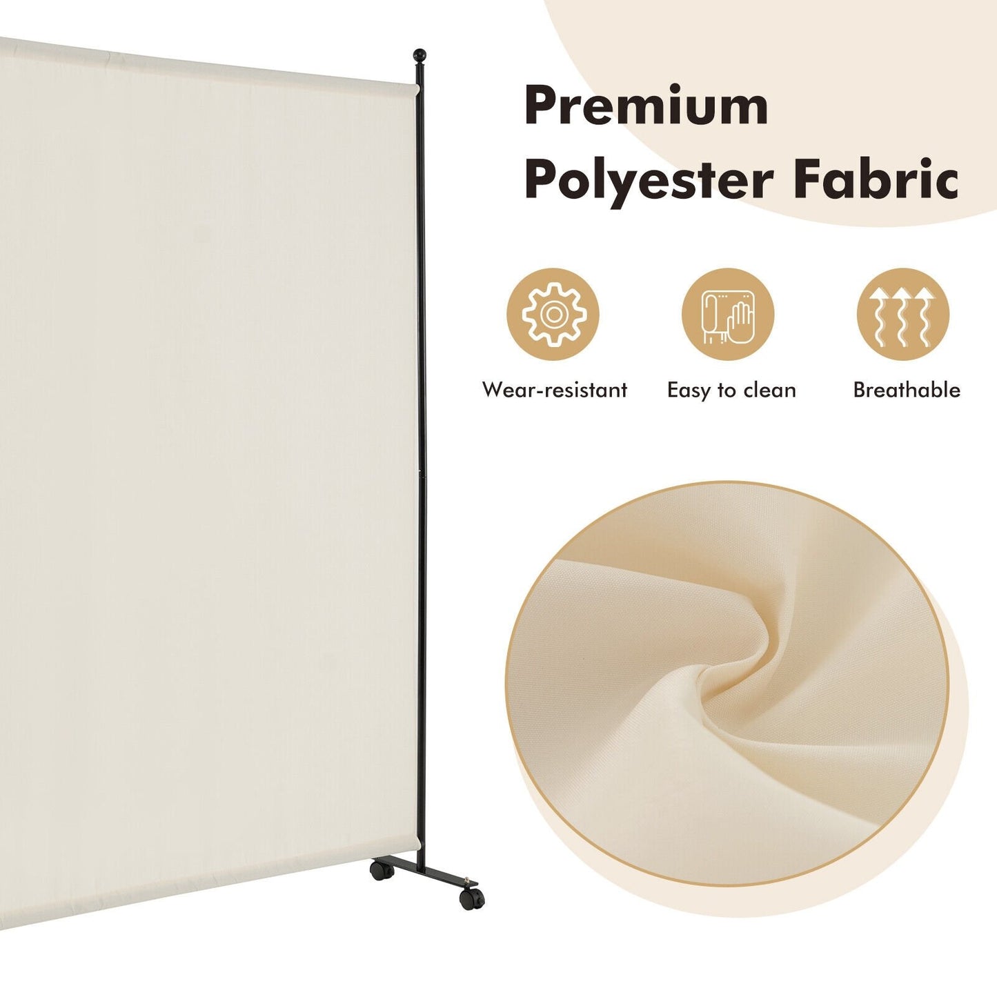 6 Foot Rolling Privacy Screen with Lockable Wheels Single Panel Divider - White