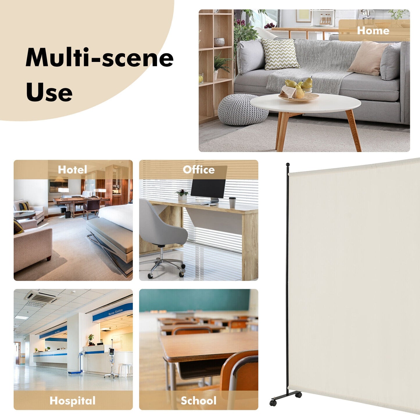 6 Foot Rolling Privacy Screen with Lockable Wheels Single Panel Divider - White