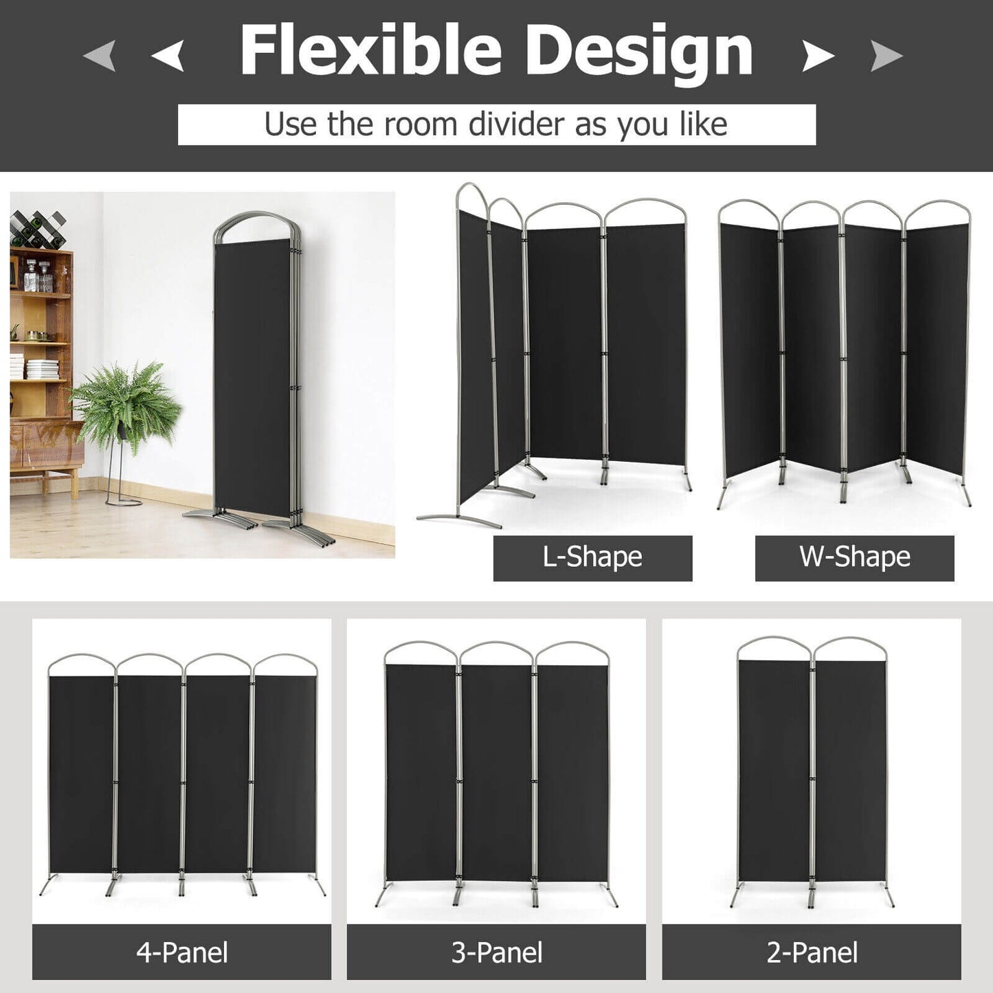 6.2Ft 4-Panel Foldable Room Divider Screen for Home Office and Living Room - Black