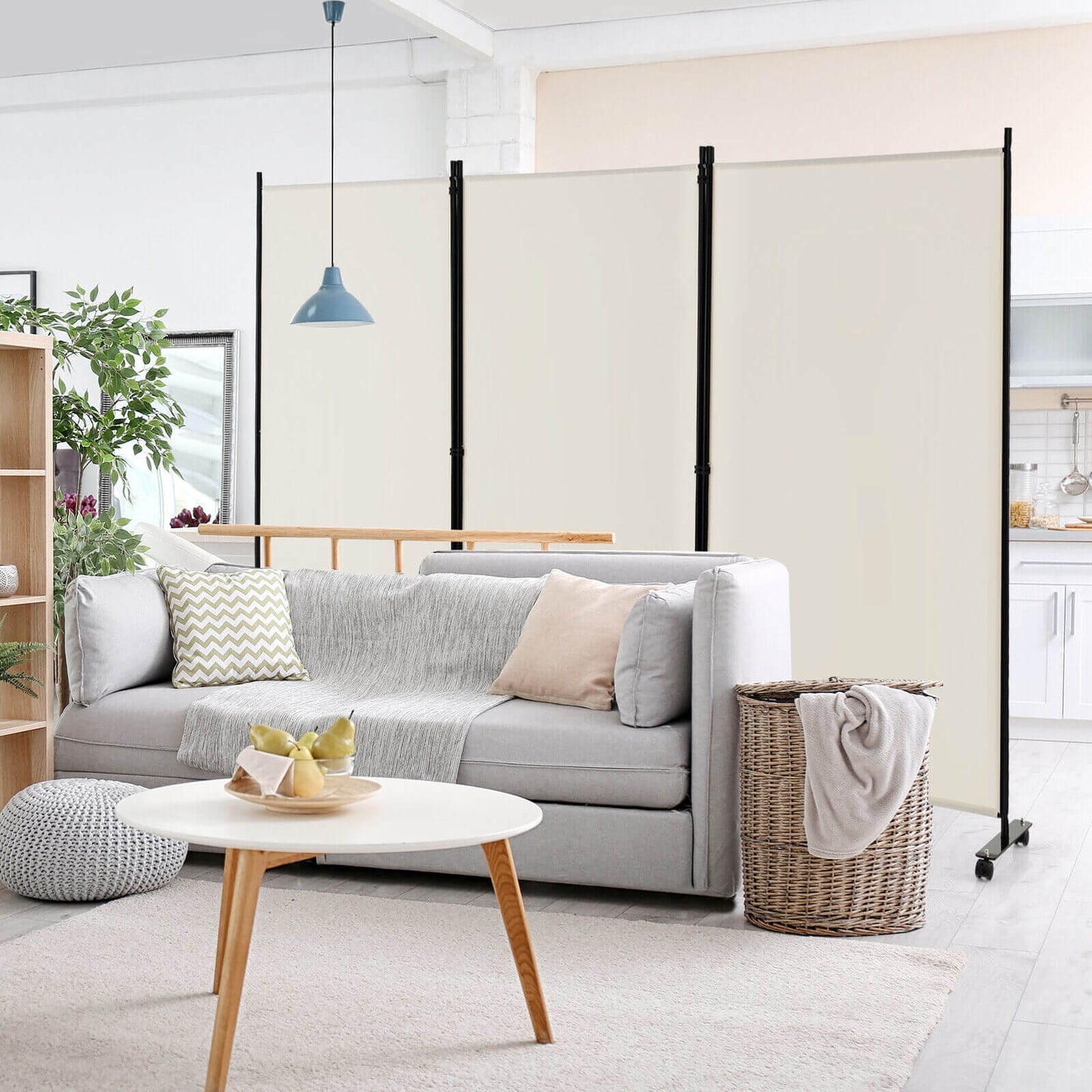 3-Panel Folding Privacy Divider with Lockable Wheels for Easy Mobility - White