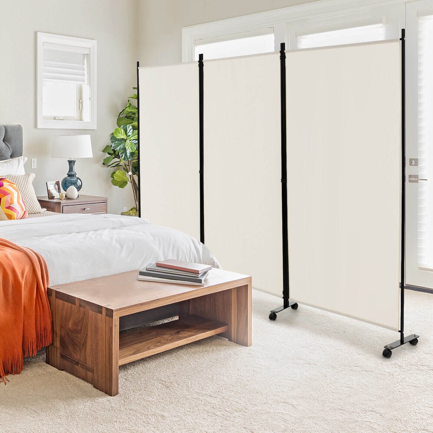 3-Panel Folding Privacy Divider with Lockable Wheels for Easy Mobility - White