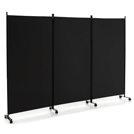 3-Panel Folding Privacy Divider with Lockable Wheels for Easy Mobility - Black