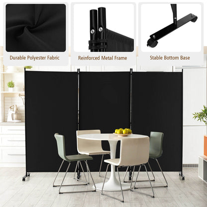 3-Panel Folding Privacy Divider with Lockable Wheels for Easy Mobility - Black