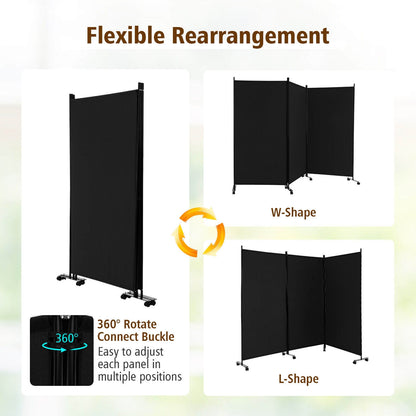 3-Panel Folding Privacy Divider with Lockable Wheels for Easy Mobility - Black