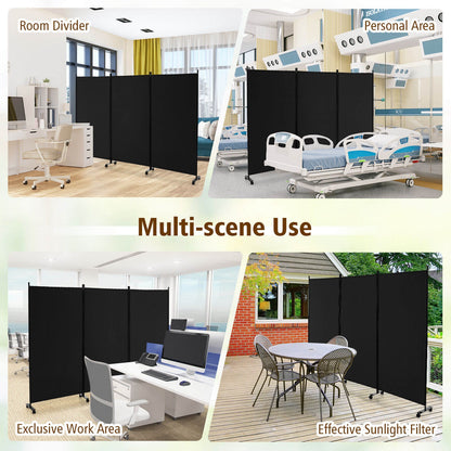 3-Panel Folding Privacy Divider with Lockable Wheels for Easy Mobility - Black