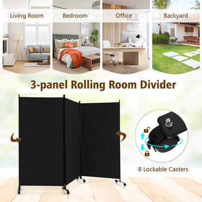 3-Panel Folding Privacy Divider with Lockable Wheels for Easy Mobility - Black