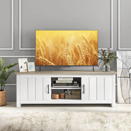 Modern TV Stand with Two Cabinets and Open Shelves for Flat Screen TVs up to 65 Inches - Natural