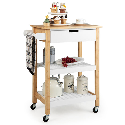 Kitchen Island Cart with Bamboo Top Storage Shelves and Drawer - Natural