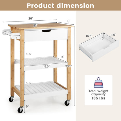 Kitchen Island Cart with Bamboo Top Storage Shelves and Drawer - Natural