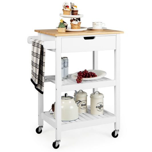 Kitchen Island Cart with Bamboo Top Storage Shelves and Drawer - White