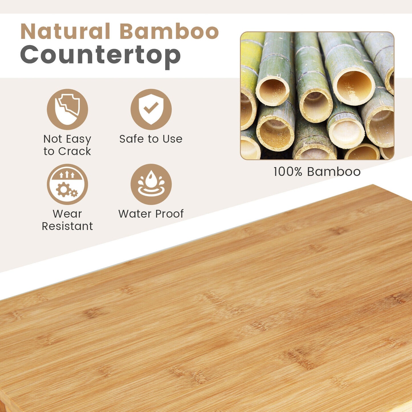 Kitchen Island Cart with Bamboo Top Storage Shelves and Drawer - White