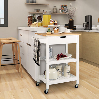 Kitchen Island Cart with Bamboo Top Storage Shelves and Drawer - White