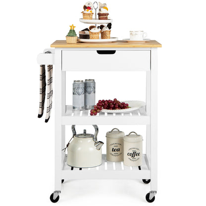 Kitchen Island Cart with Bamboo Top Storage Shelves and Drawer - White