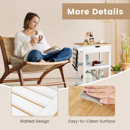 Kitchen Island Cart with Bamboo Top Storage Shelves and Drawer - White