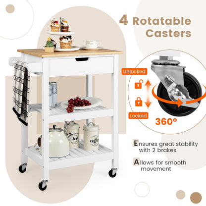 Kitchen Island Cart with Bamboo Top Storage Shelves and Drawer - White
