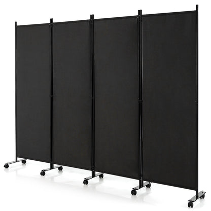 6 Foot 4-Panel Folding Room Divider with Lockable Rolling Wheels - Black