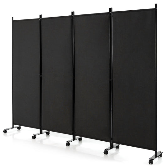 6 Foot 4-Panel Folding Room Divider with Lockable Rolling Wheels - Black