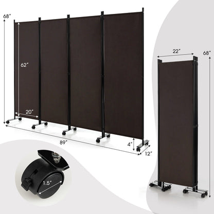 6 Foot 4-Panel Folding Room Divider with Lockable Rolling Wheels - Brown