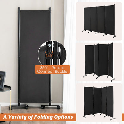 6 Foot 4-Panel Folding Room Divider with Lockable Rolling Wheels - Black