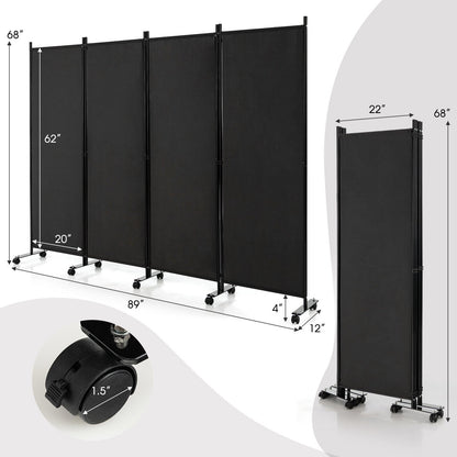 6 Foot 4-Panel Folding Room Divider with Lockable Rolling Wheels - Black