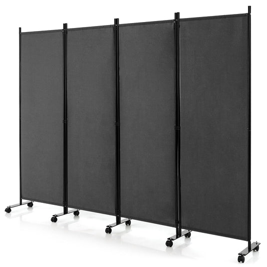 6 Foot 4-Panel Folding Room Divider with Lockable Rolling Wheels - Grey