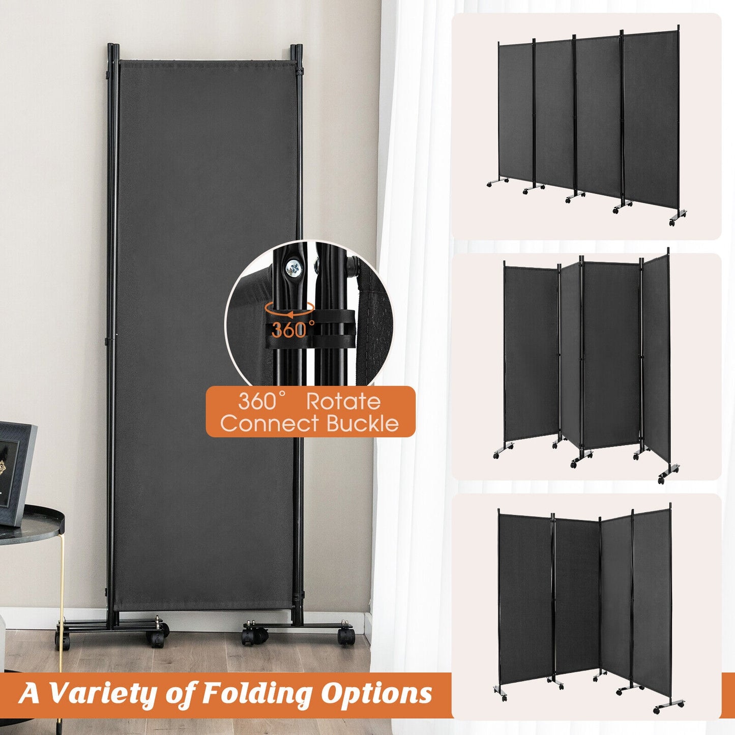 6 Foot 4-Panel Folding Room Divider with Lockable Rolling Wheels - Grey
